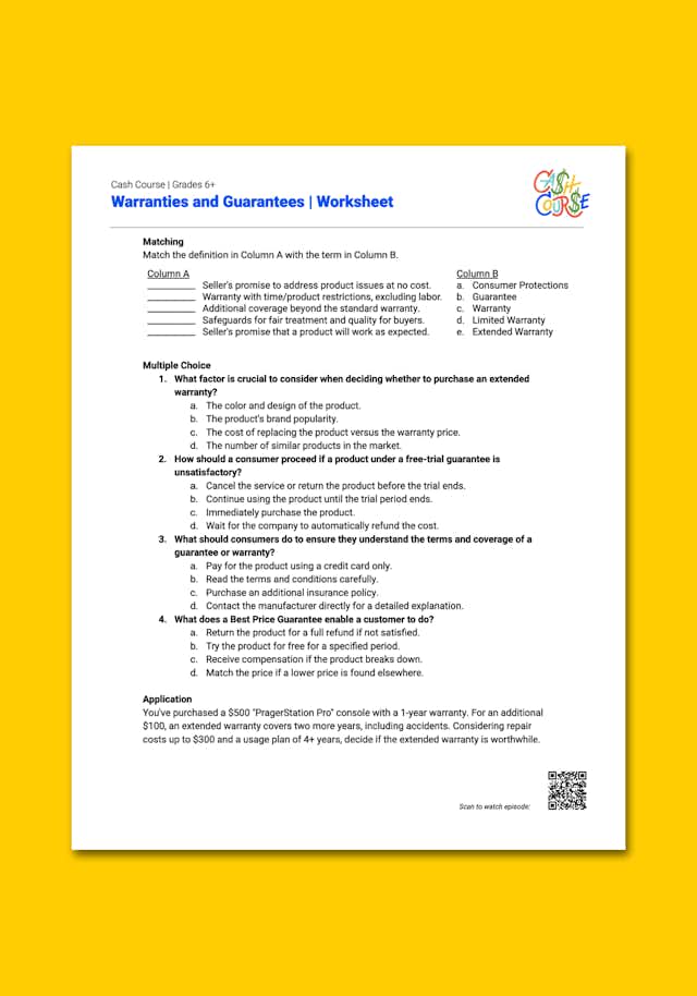 "Cash Course: Warranties and Guarantees" Worksheet