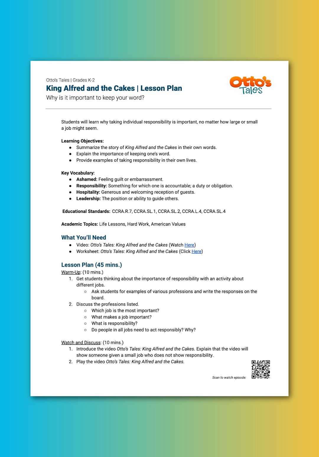 "Otto's Tales: King Alfred and the Cakes" Lesson Plan