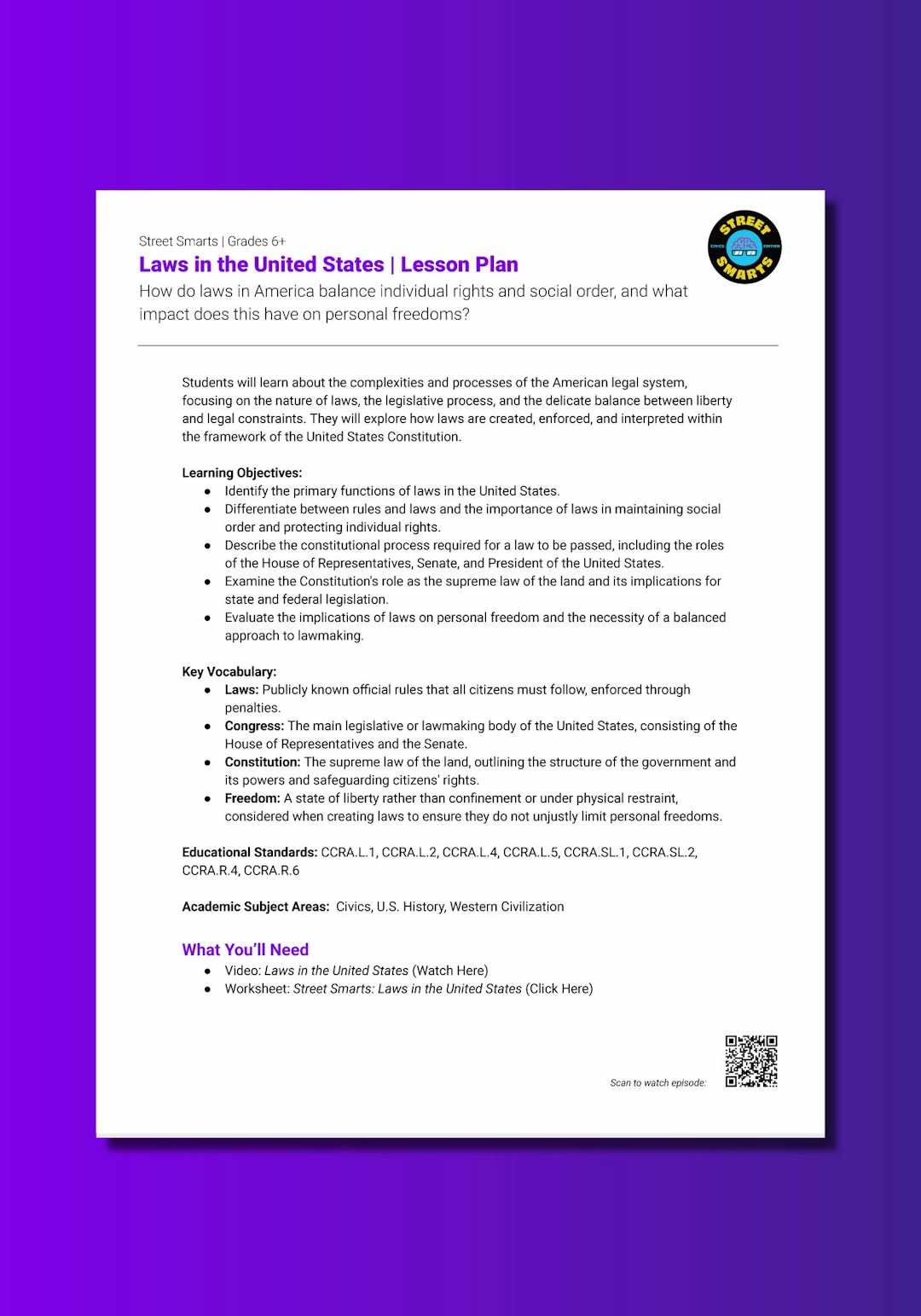 "Street Smarts: Laws in the United States" Lesson Plan